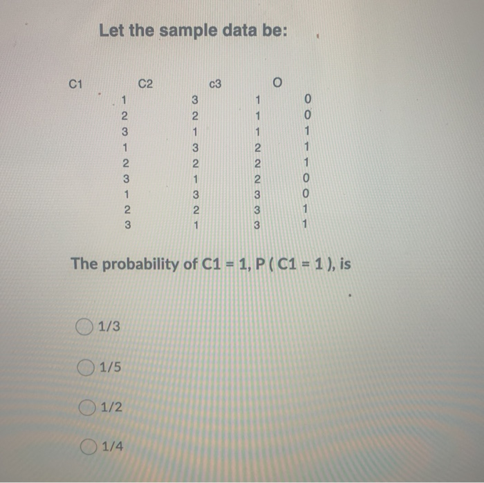 Solved Let the sample data be: C1 C2 c3 1 2 3 1 2 3 1 2 3 3 | Chegg.com