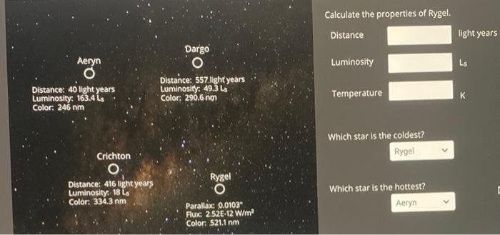 Solved Calculate the properties of Rygel. Distance light | Chegg.com