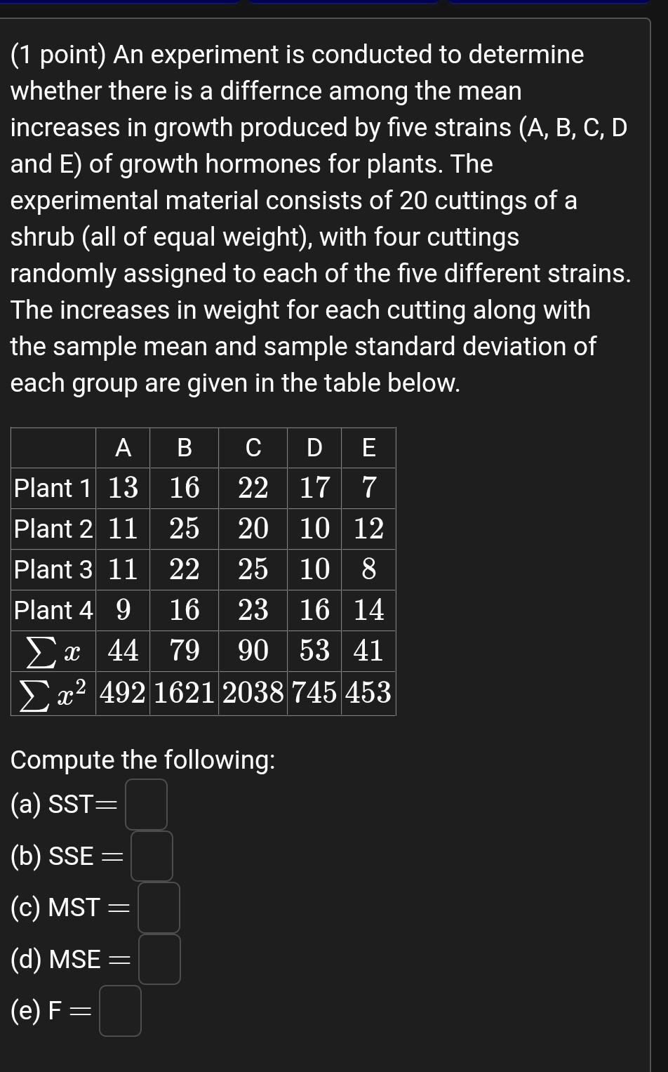 Solved (1 point) An experiment is conducted to determine | Chegg.com