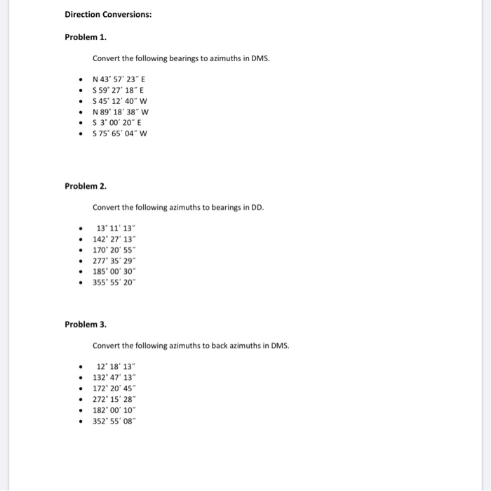 Solved Direction Conversions Problem 1 Convert The Follo Solved Direction Conversions Problem