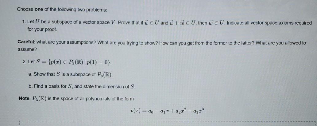 Solved Choose One Of The Following Two Problems 1 Let U Chegg Com