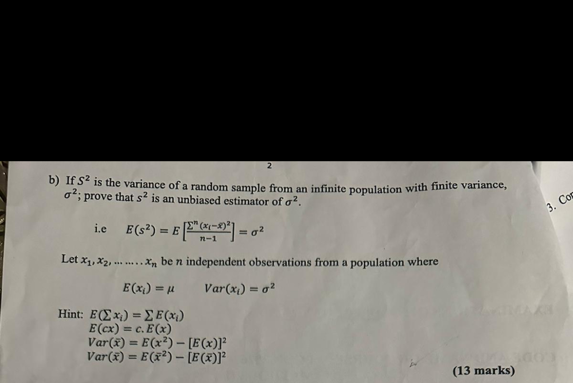 2b) ﻿If S2 ﻿is the variance of a random sample from | Chegg.com