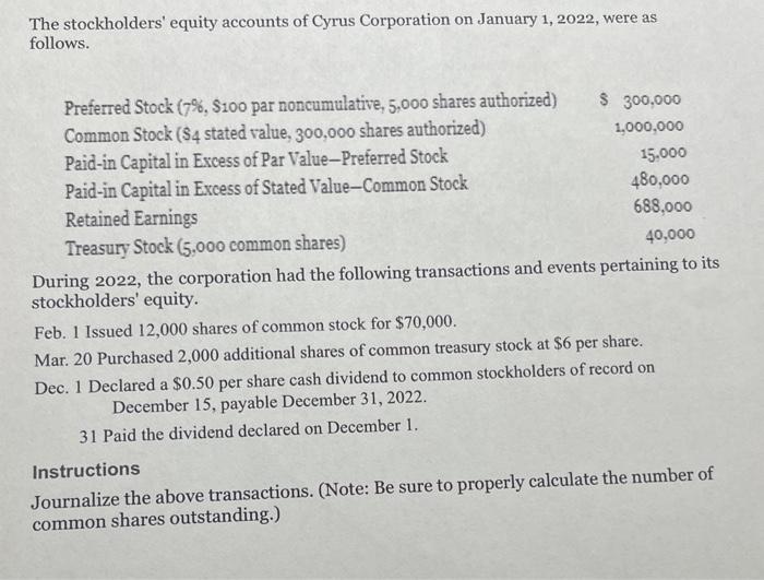 Solved The stockholders' equity accounts of Cyrus