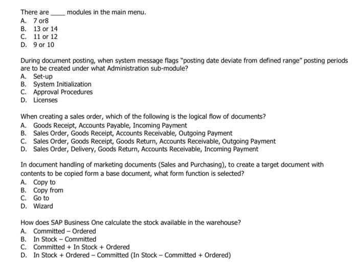Solved There are modules in the main menu. A. 7 or8 B. 13 or | Chegg.com