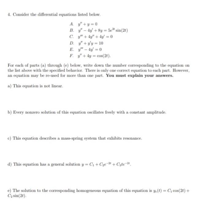 Solved 4. Consider the differential equations listed below | Chegg.com