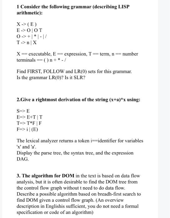Solved 1 Consider the following grammar (describing LISP | Chegg.com