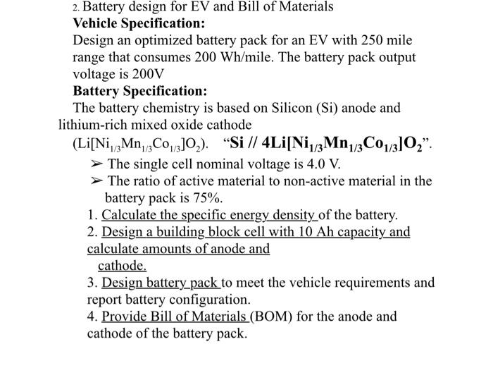 Solved 2. Battery design for EV and Bill of Materials | Chegg.com