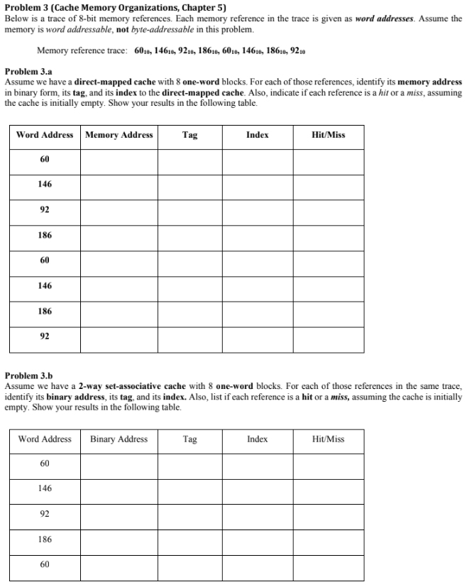 Solved Problem 3 (Cache ﻿Memory Organizations, Chapter | Chegg.com