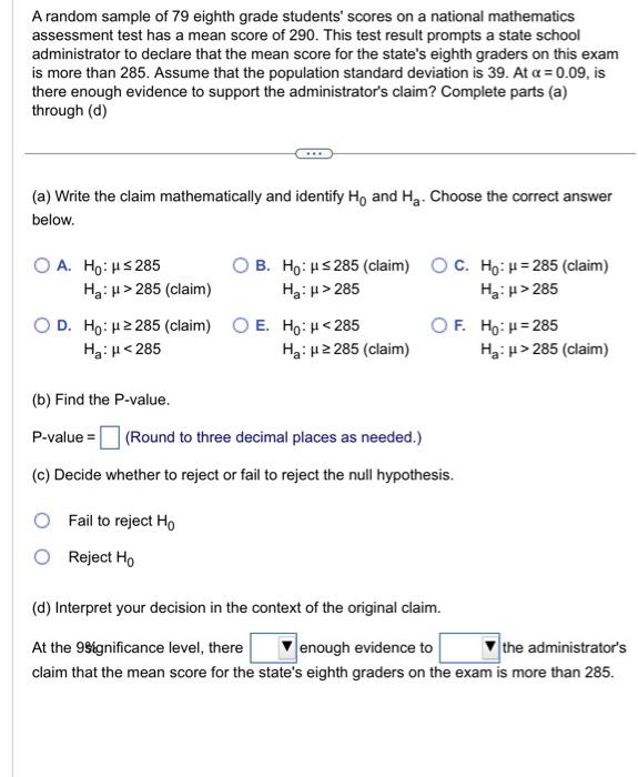 Solved a random sample of 79 eighth grade students scores chegg