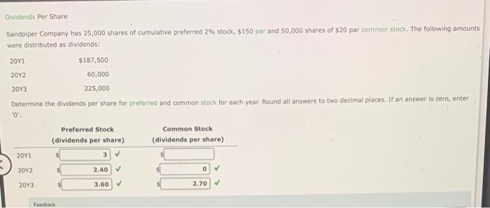 Dividends Per Share
Sandpiper Company has 25,000 shares of cumulative preferred 2% stock, $150 par and 50,000 shares of $20 p