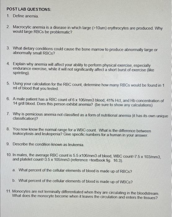 Solved POST LAB QUESTIONS 1. Define anemia. 2. Macrocytic