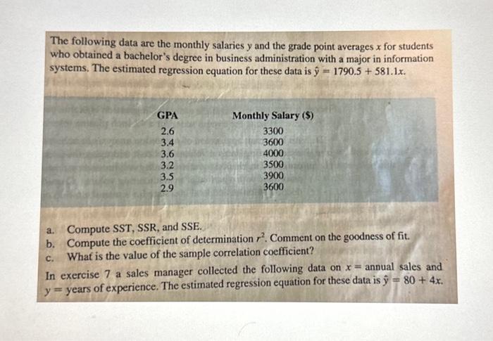 Solved The Following Data Are The Monthly Salaries Y And The | Chegg.com