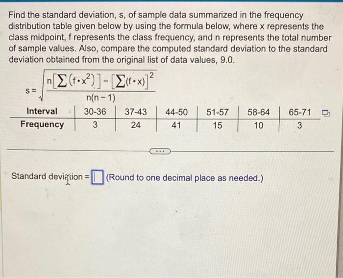 Solved Find the standard deviation, s, of sample data | Chegg.com