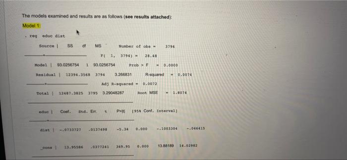 Solved The models examined and results are as follows (see | Chegg.com