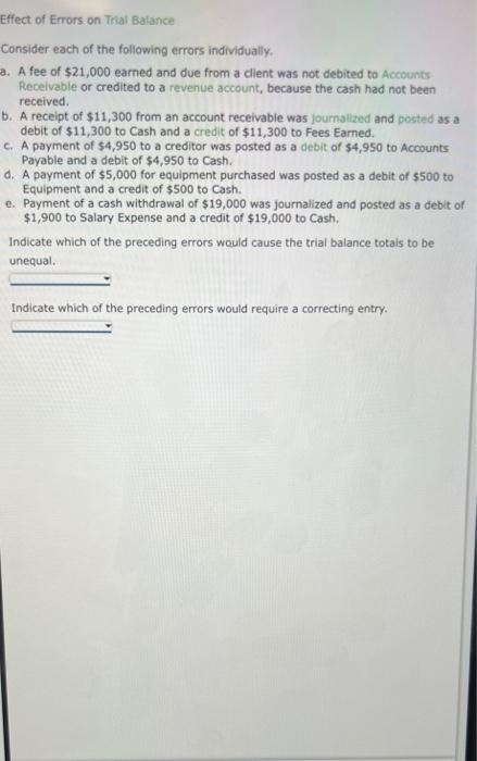 Solved Effect of Errors on Trial Balance Consider each of | Chegg.com