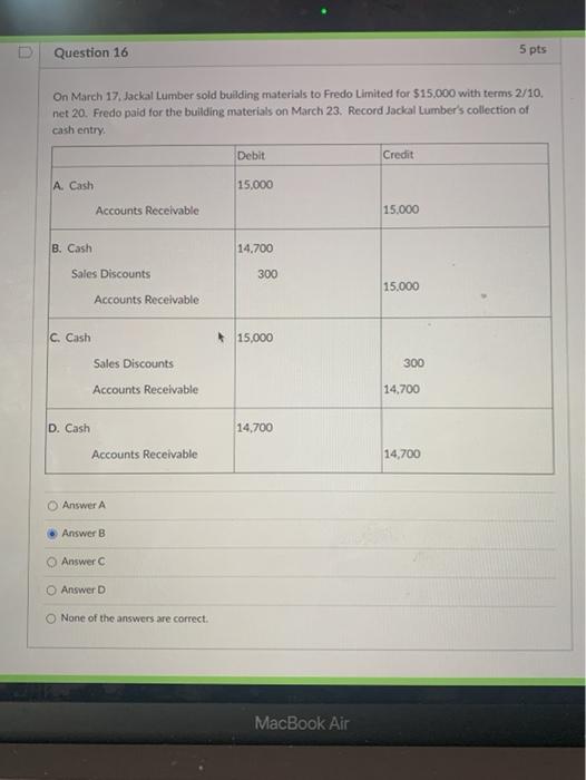 Solved Question 16 5 pts On March 17, Jackal Lumber sold