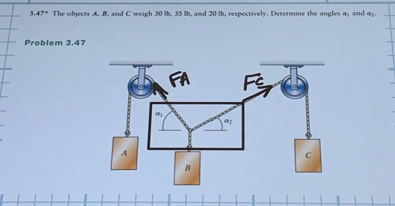 Solved 3.47* ﻿The Objects A,B, ﻿and C ﻿weigh 30lb,35lb, ﻿and | Chegg.com