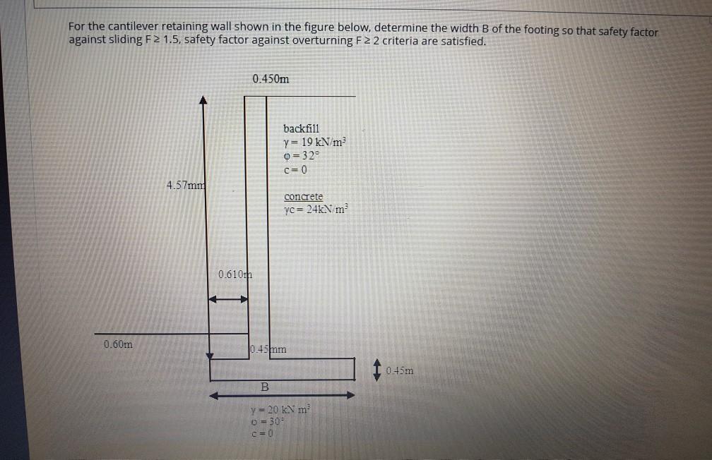 Solved For the cantilever retaining wall shown in the figure | Chegg.com