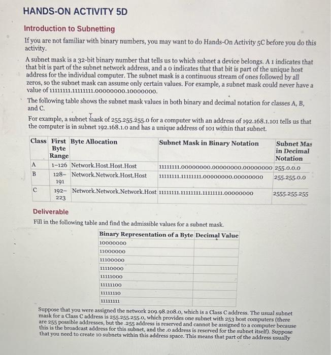 Solved HANDS-ON ACTIVITY 5D Introduction to Subnetting If | Chegg.com