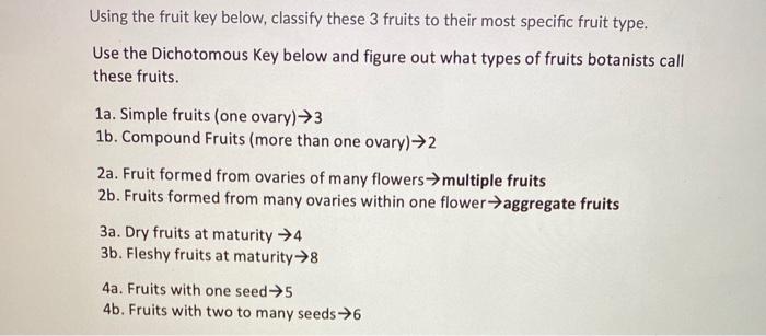 Solved Using the fruit key below, classify these 3 fruits to | Chegg.com