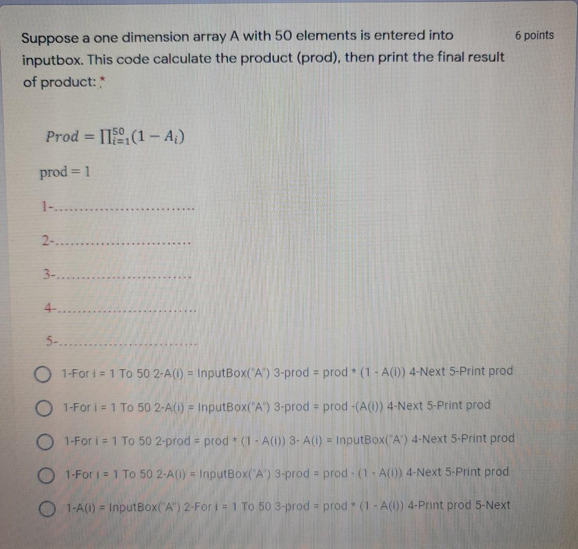 Solved 6 points Suppose a one dimension array A with 50 | Chegg.com