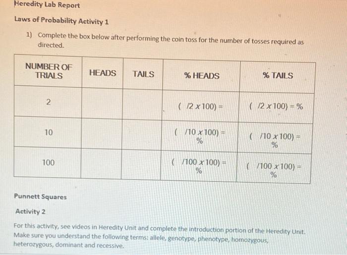 Solved Heredity Lab Report Laws of Probability Activity 1 1