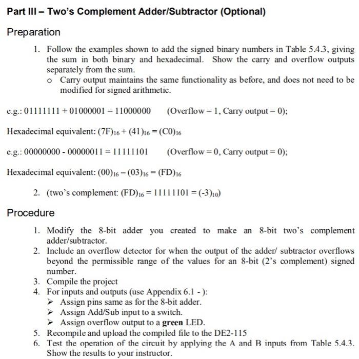 Solved Part III - Two's Complement Adder/Subtractor | Chegg.com