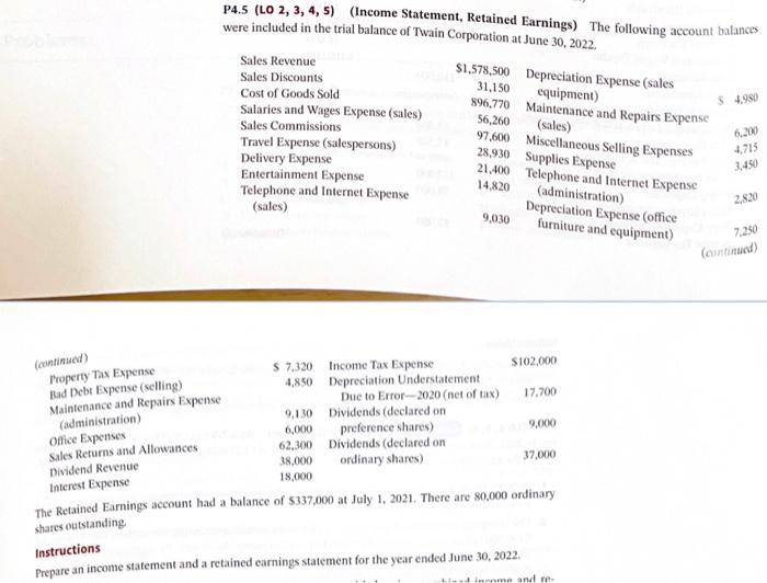 Solved P45 Lo 2 3 4 5 Income Statement Retained 6482