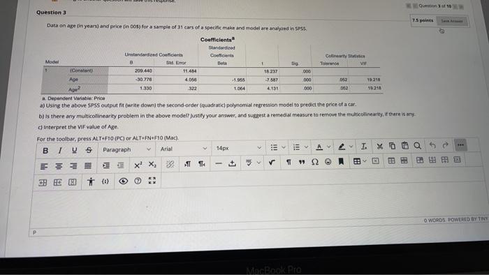 Solved Question 3 7.5 points Data on age (in years) and | Chegg.com