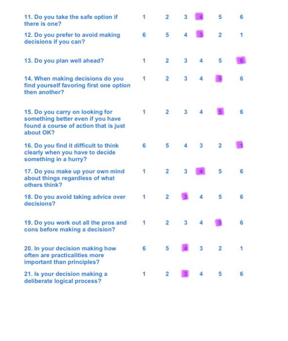 Solved Decision Making Questionnaire Please show how often | Chegg.com