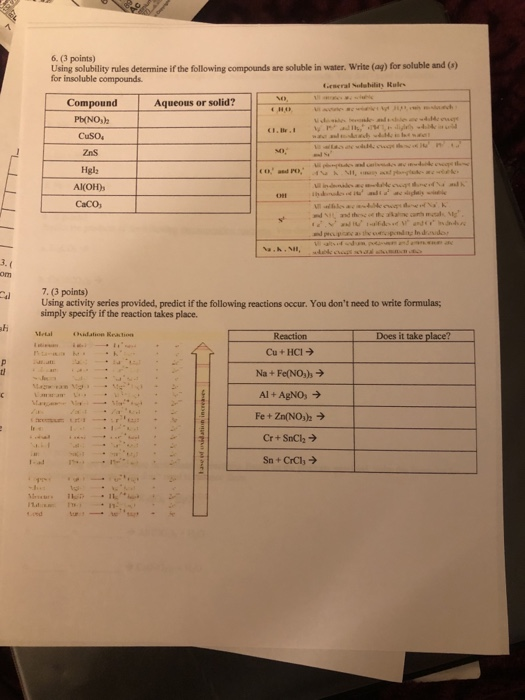 Solved 6. (3 points) Using solubility rules determine if the | Chegg.com