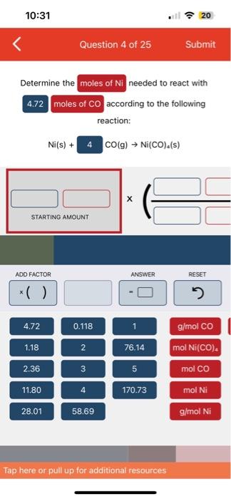 Solved Ni(s)+CO(g)→Ni(CO)4( s) STARTING AMOUNTreacts with | Chegg.com