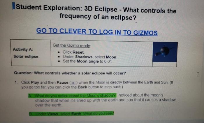 I Student Exploration 3d Eclipse What Controls The Chegg Com