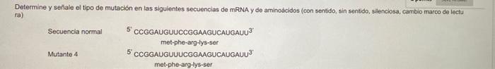 Determine y señale el tipo de mutación en las siguientes secuencias de mRNA y de aminoácidos (con sentido, sin sentido, silen