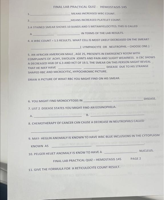 Solved FINAL LAB PRACTICAL QUIZ HEMOSTASIS 145 1. MEANS