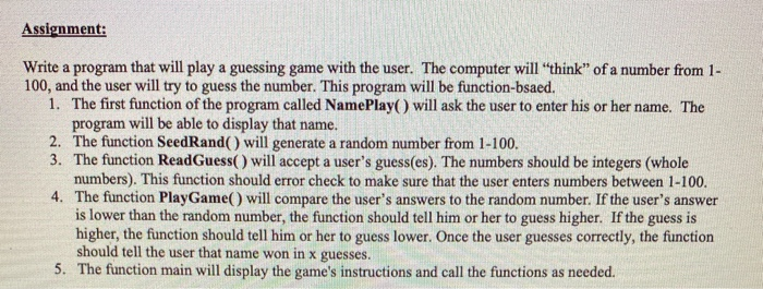Solved Assignment: Write a program that will play a guessing | Chegg.com