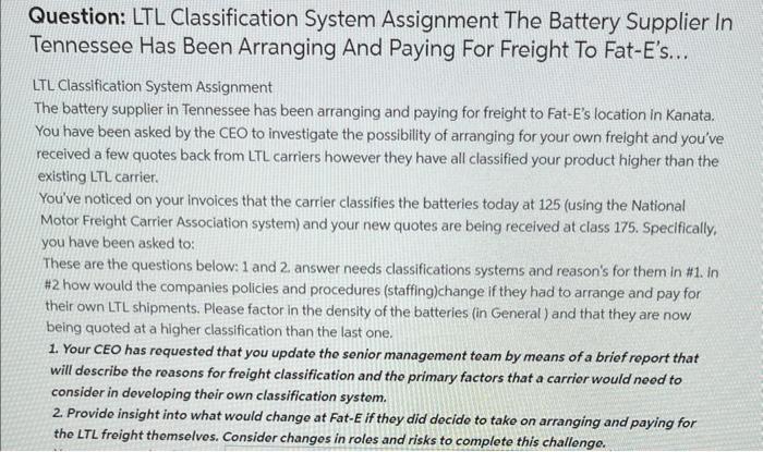 Solved LTL Classification System Assignment The battery | Chegg.com