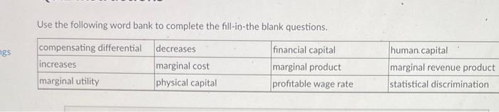 Solved Use the following word bank to complete the | Chegg.com