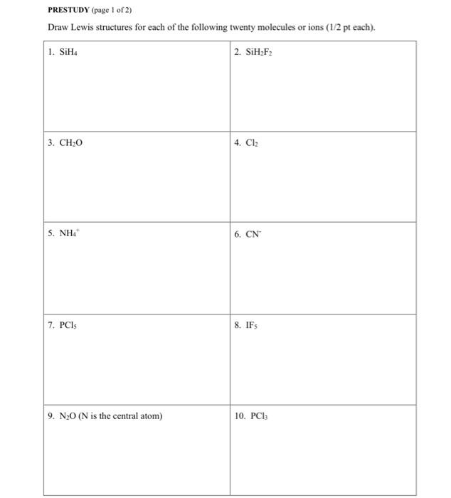 PRESTUDY (page 1 of 2) Draw Lewis structures for each | Chegg.com