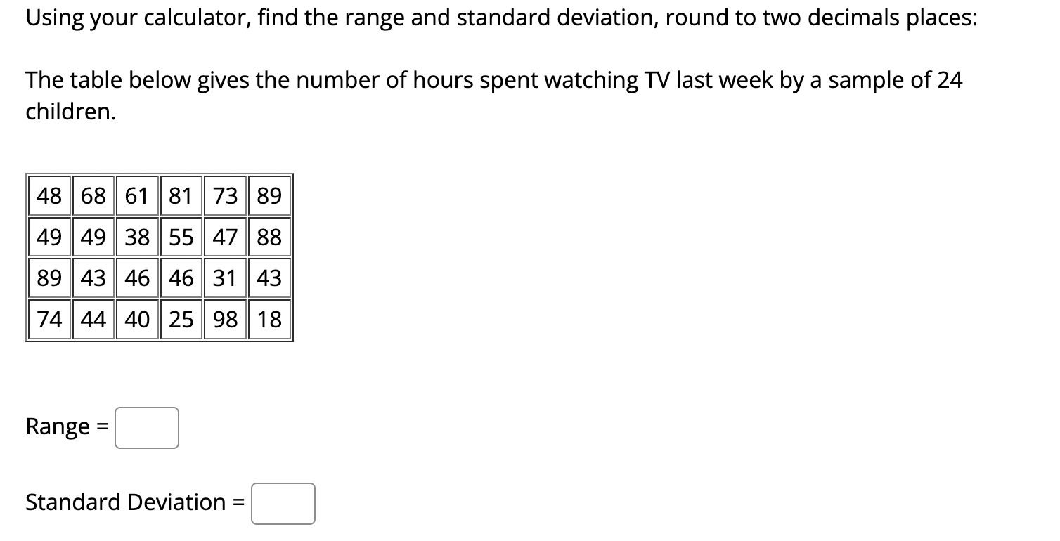 Solved Using your calculator, find the range and standard | Chegg.com