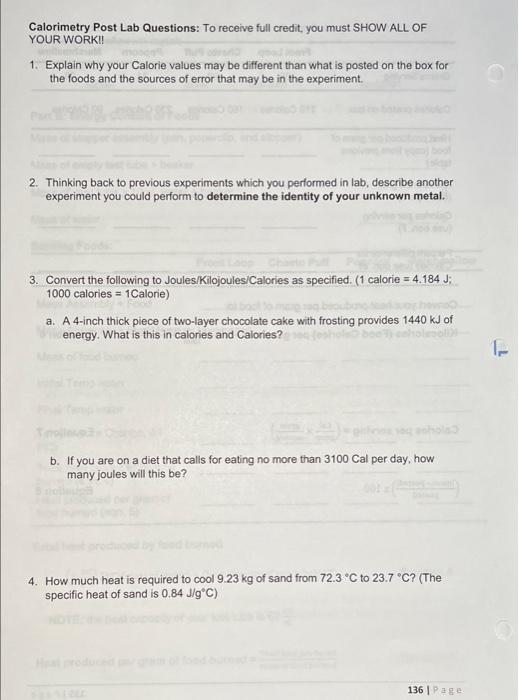 Solved Calorimetry Post Lab Questions To receive full