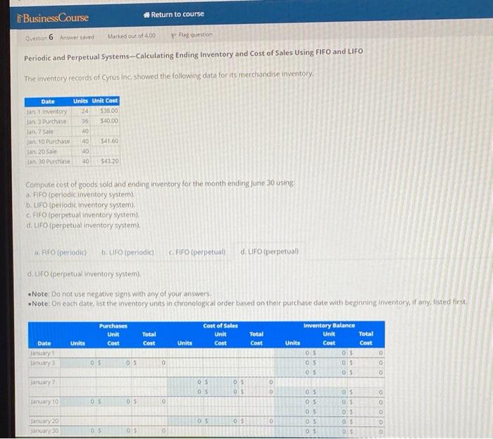 Periodic and Perpetual Systems-Calculating Ending Inventory and Cost of Sales Using FIFO and LIFO
The inventory records of Cy