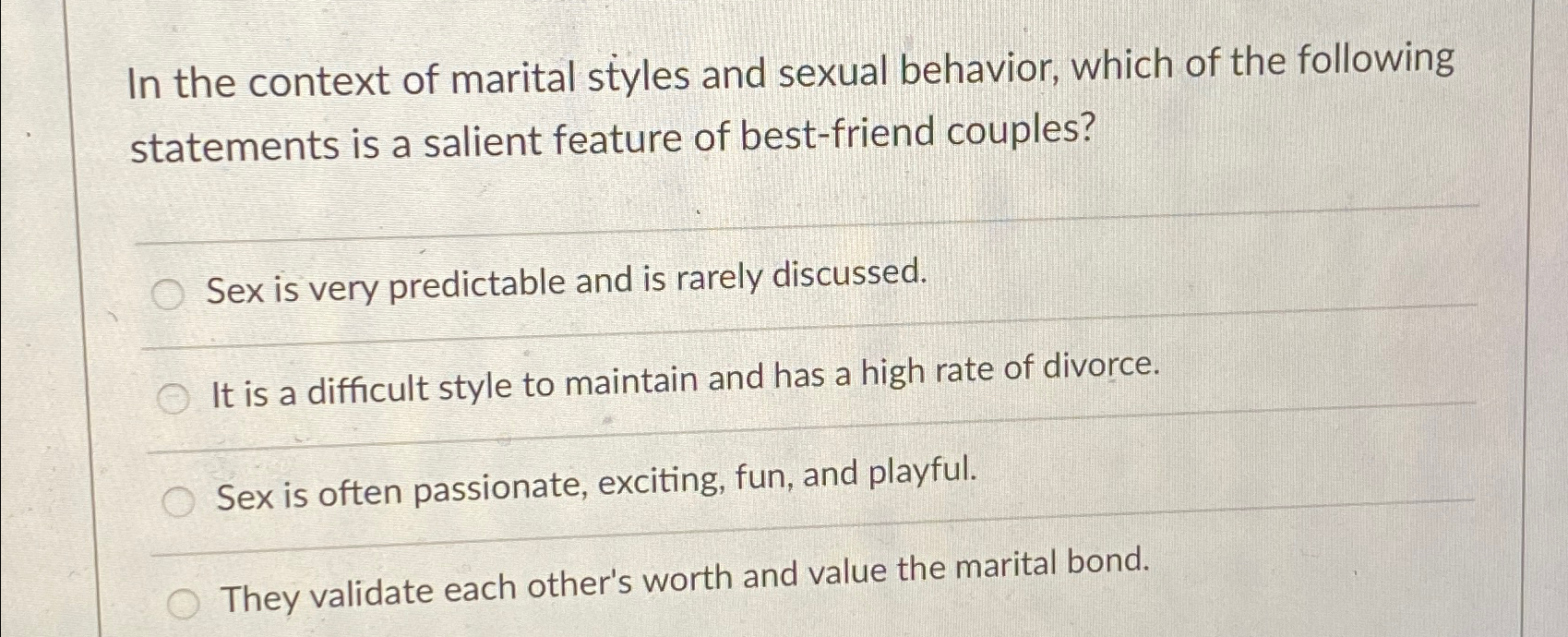 Solved In the context of marital styles and sexual behavior, | Chegg.com