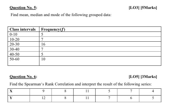 Solved Lo3 5marks Question No 5 Find Mean Median And Chegg Com