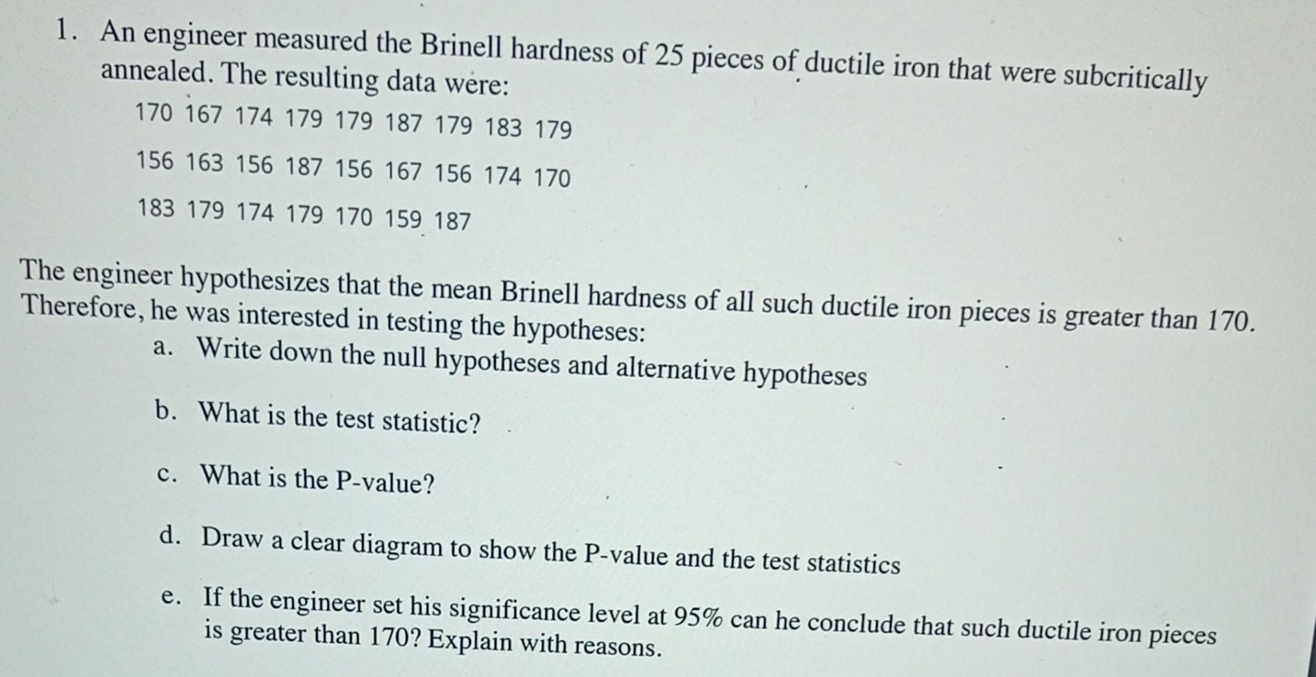 Solved 1. An engineer measured the Brinell hardness of 25