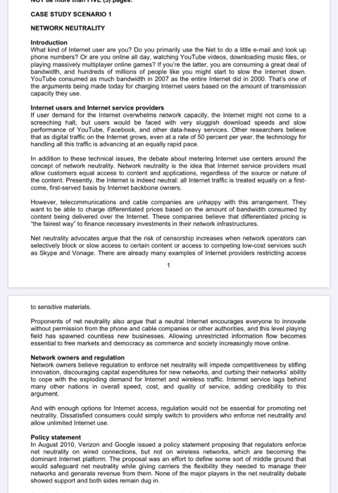 CASE STUDY SCENARIO 1 NETWORK NEUTRALITY Introduction | Chegg.com