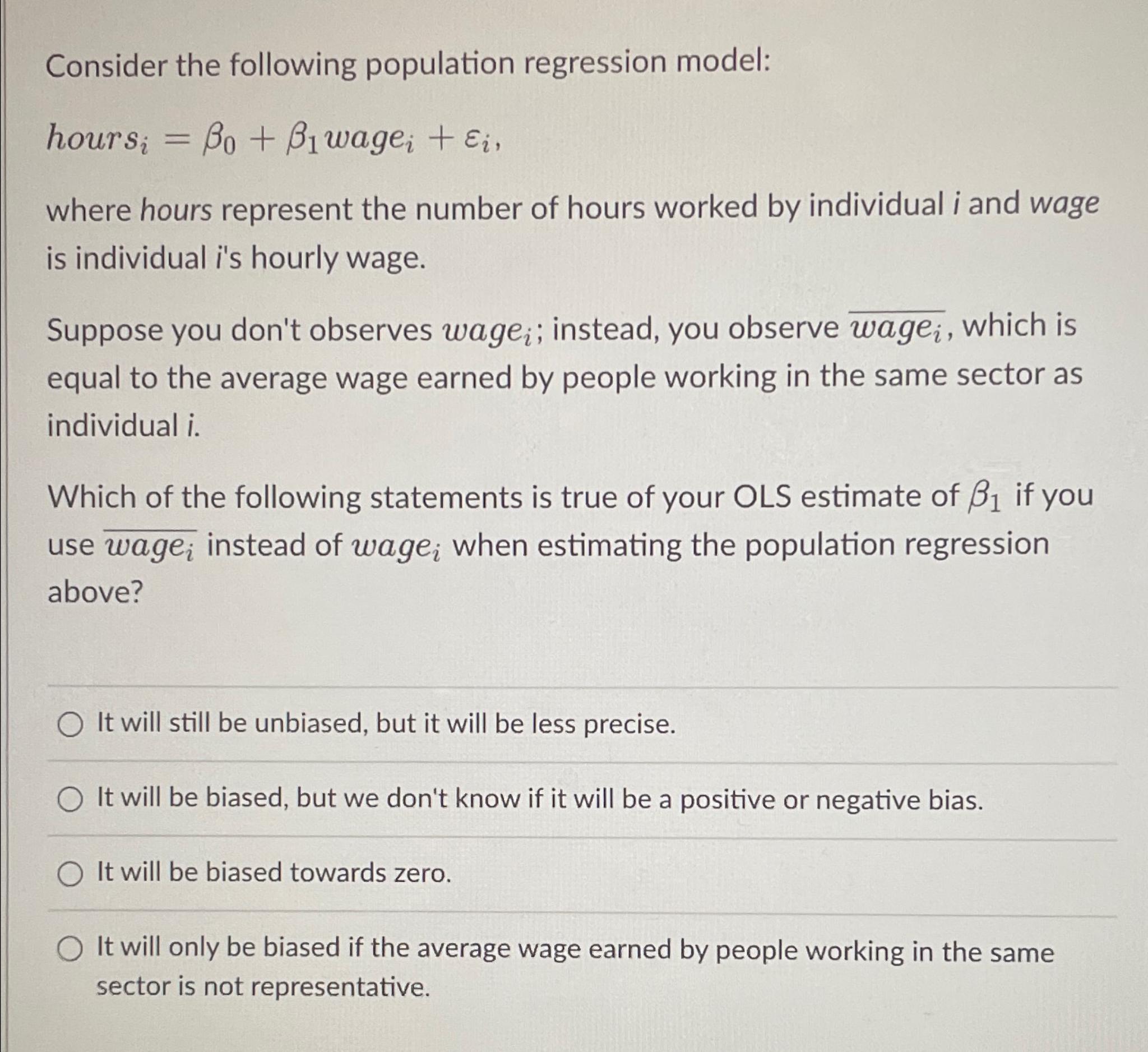 Solved Consider the following population regression | Chegg.com