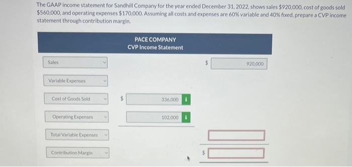 The GAAP income statement for Sandhill Company for the year ended December 31,2022, shows sales \( \$ 920,000 \), cost of goo