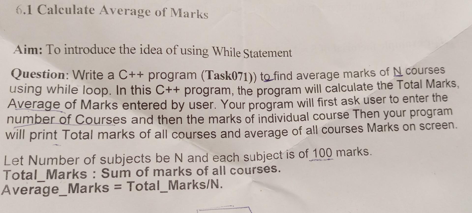 Solved 6.1 Calculate Average of Marks Aim: To introduce the | Chegg.com