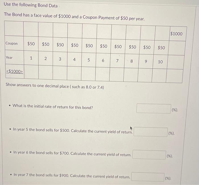 Solved Use the following Bond Data The Bond has a face value | Chegg.com